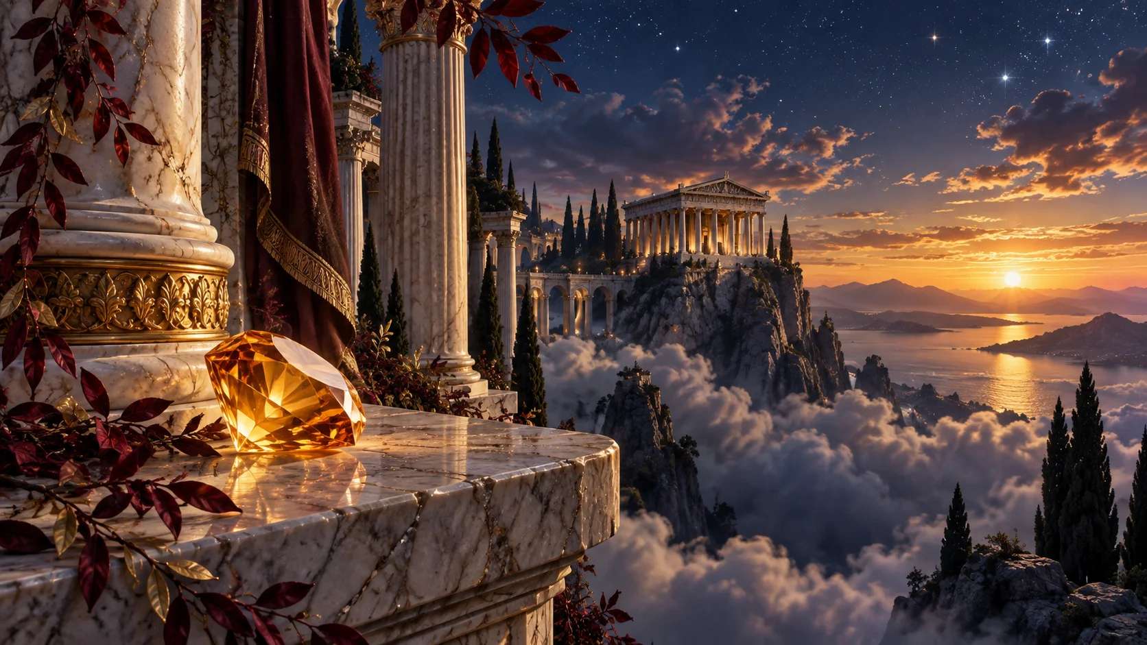 Marble temple above clouds with an amber gemstone