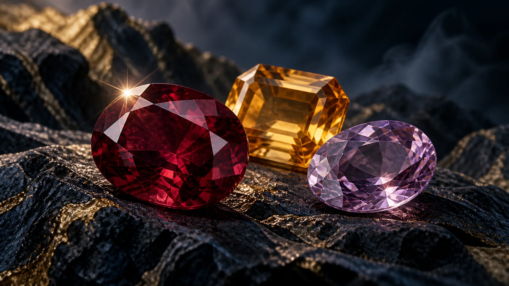 Ruby, amber and violet gemstones on dark stone
