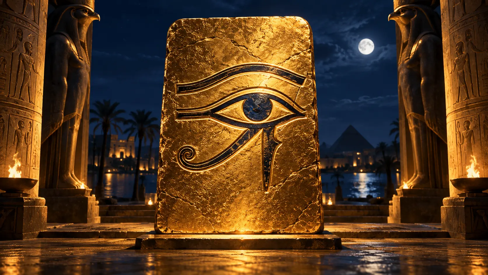 Original editorial illustration for Eye of Horus — The Golden Tablet mechanics; no game screenshot