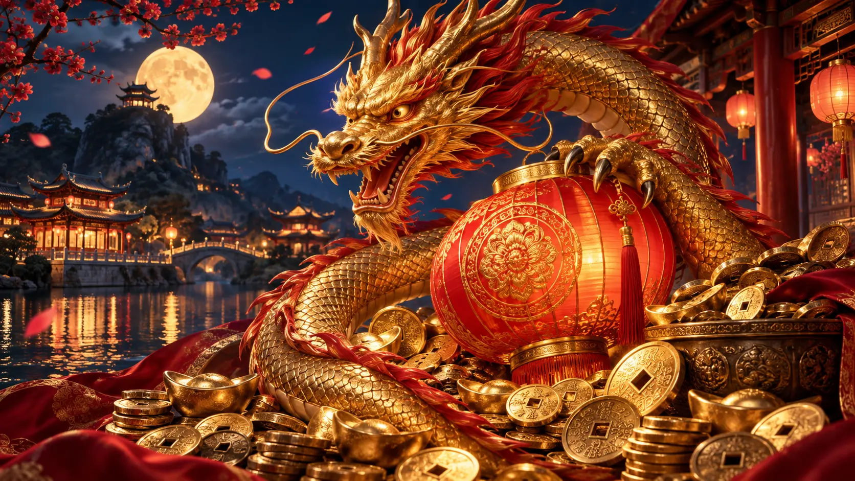 Original editorial illustration for Happy and Prosperous Dragon Link mechanics; not a game screenshot