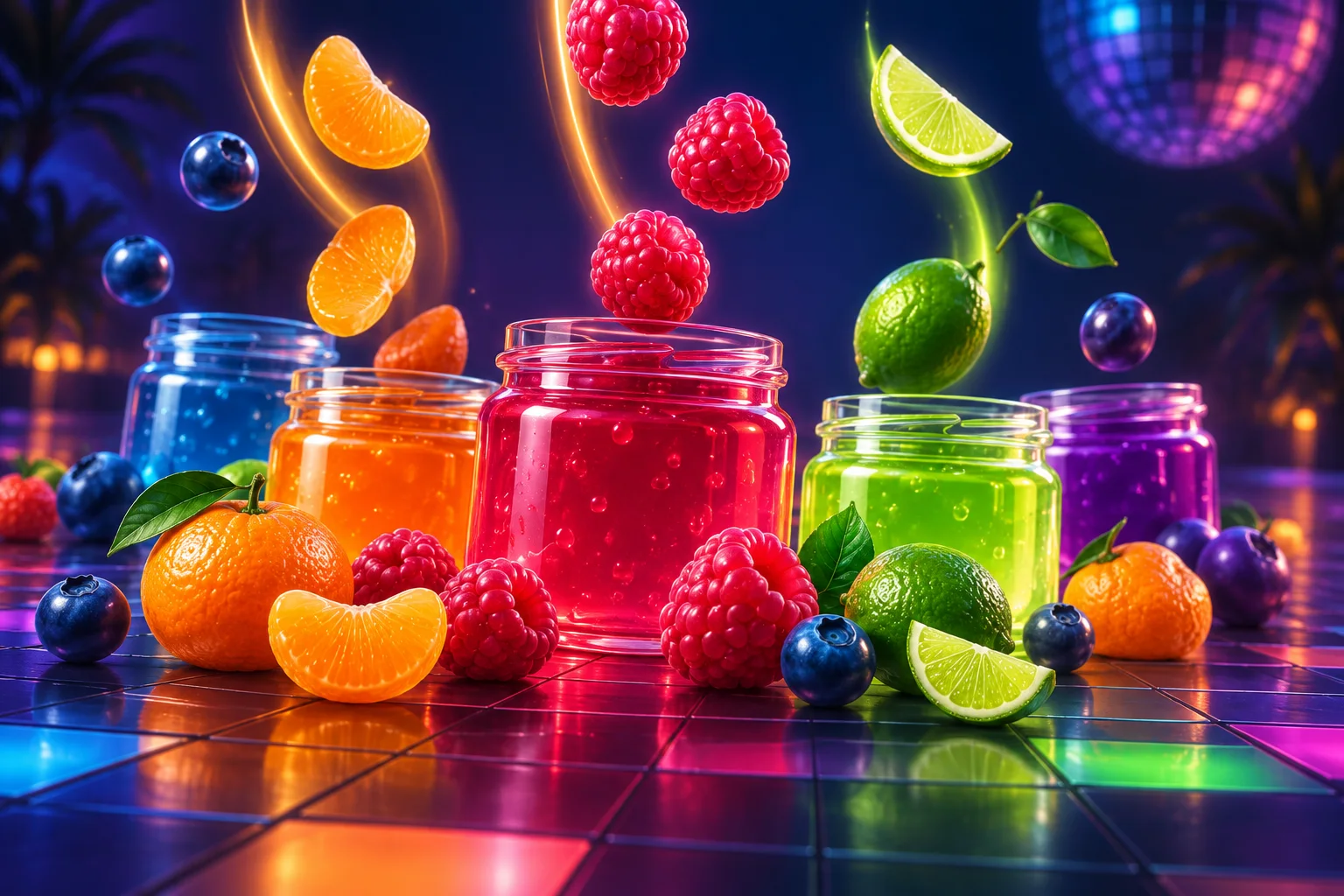 Original editorial still life of luminous fruit and glass jars on a dark dance floor
