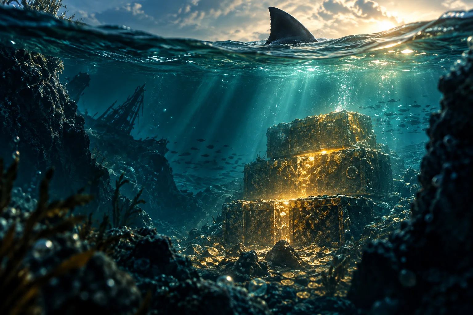 Original editorial underwater scene with a shark fin and luminous mystery blocks