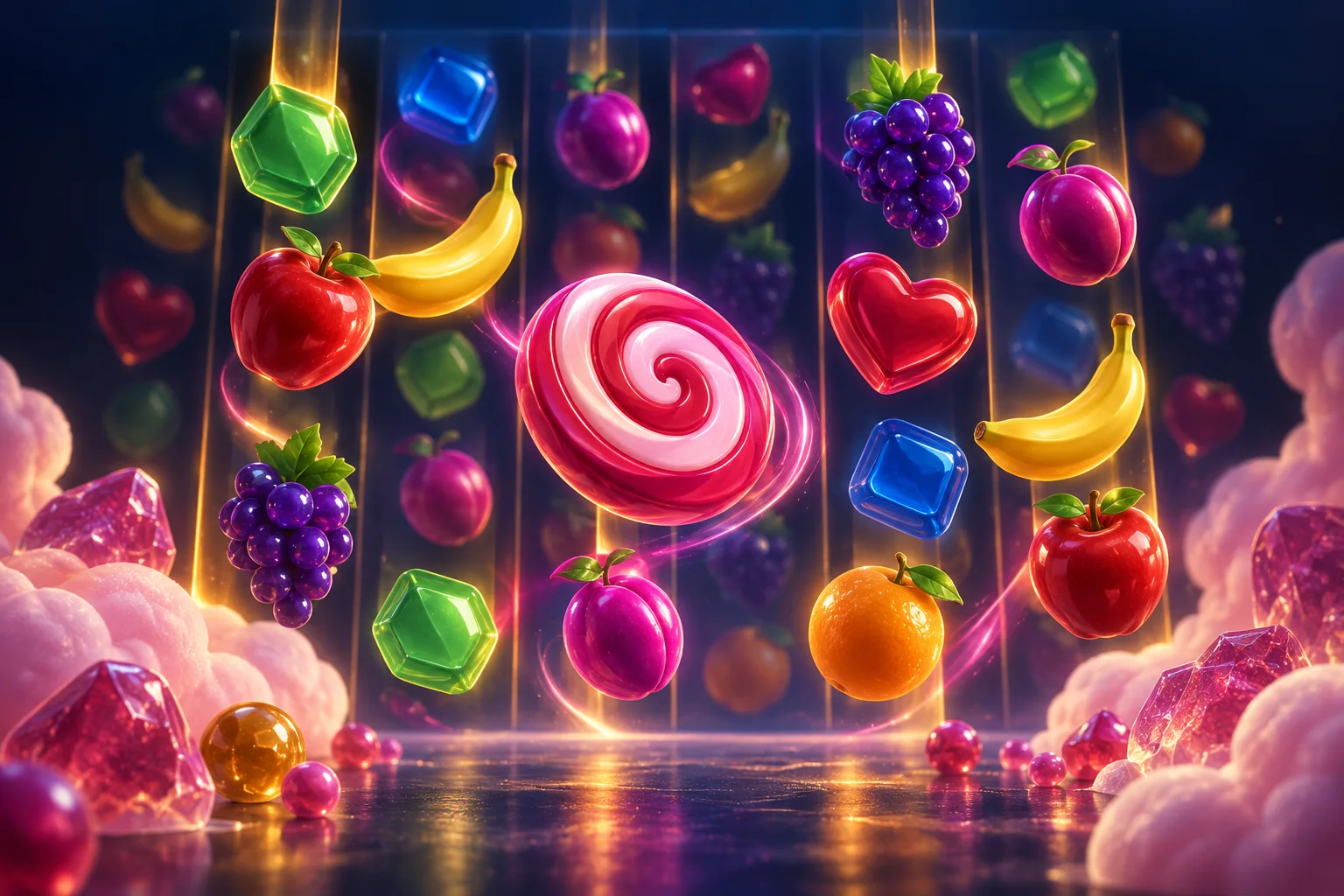 Original editorial illustration of candy-like forms above a six-column grid